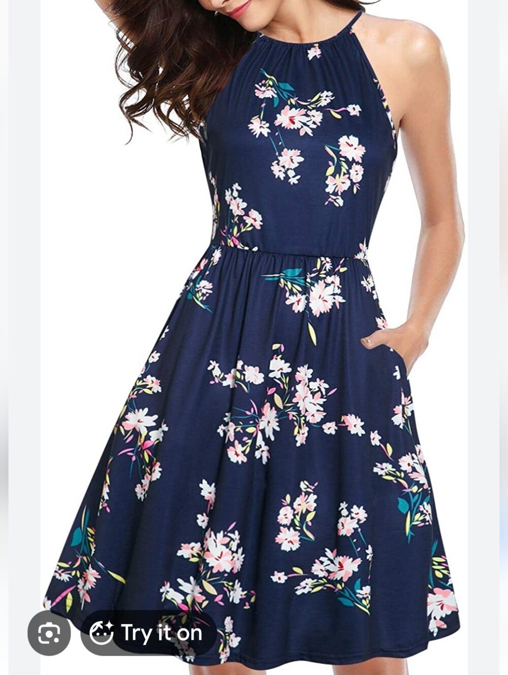 Navy Floral Halter Midi Dress